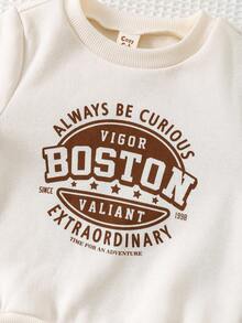 Cozy Pixies 3pcs Baby Boy Letter Print Knit Soft Crew Neck Long Sleeve Hoodie, Sleeveless Vest, Elastic Waist Pants Thick Thermal Lined Set, Suitable For Autumn/Winter Outings Fall