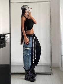 Jeanoix 女士休闲宽松阔腿系带腰拼接牛仔裤 - 彩色 - 查看 6