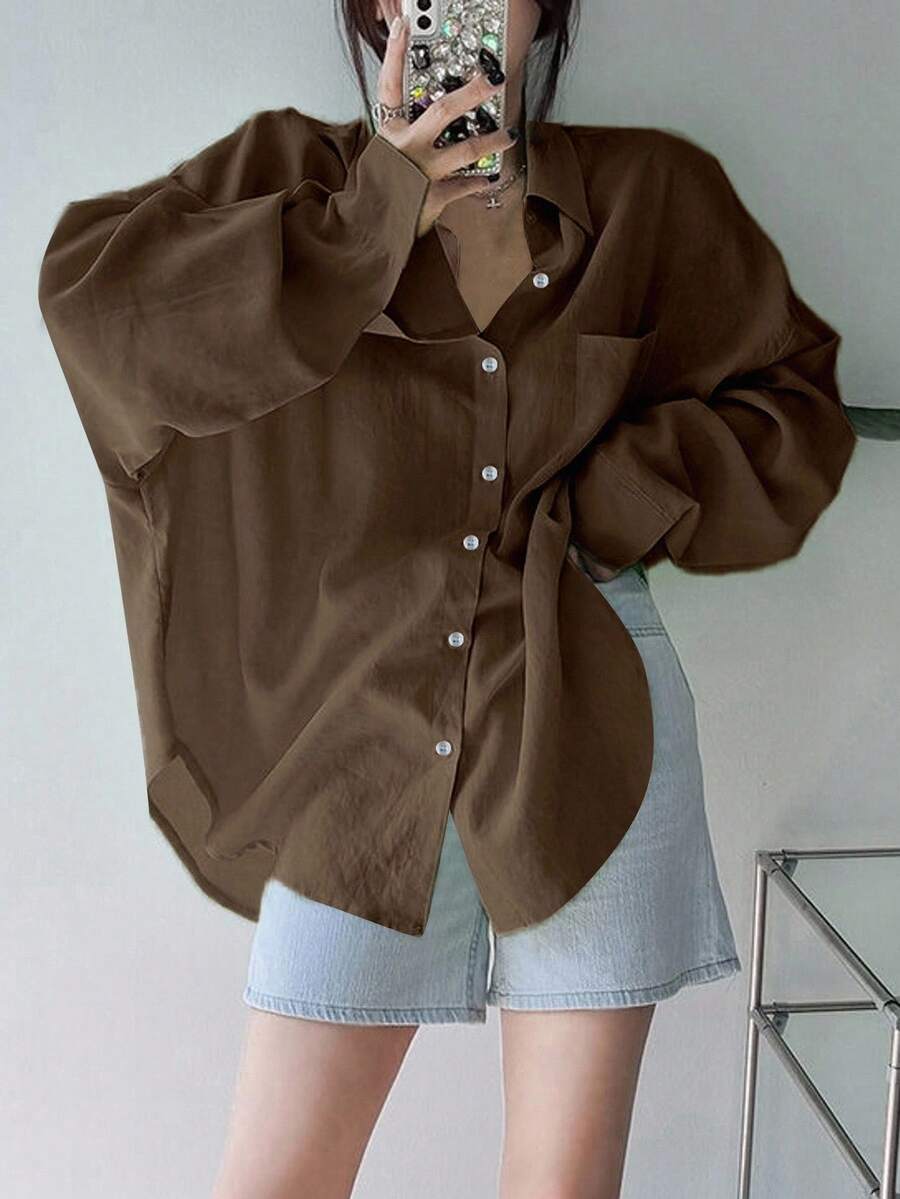 女士纯色常规翻领超宽松衬衫、长袖上衣、秋装 - 棕色 - 查看 1