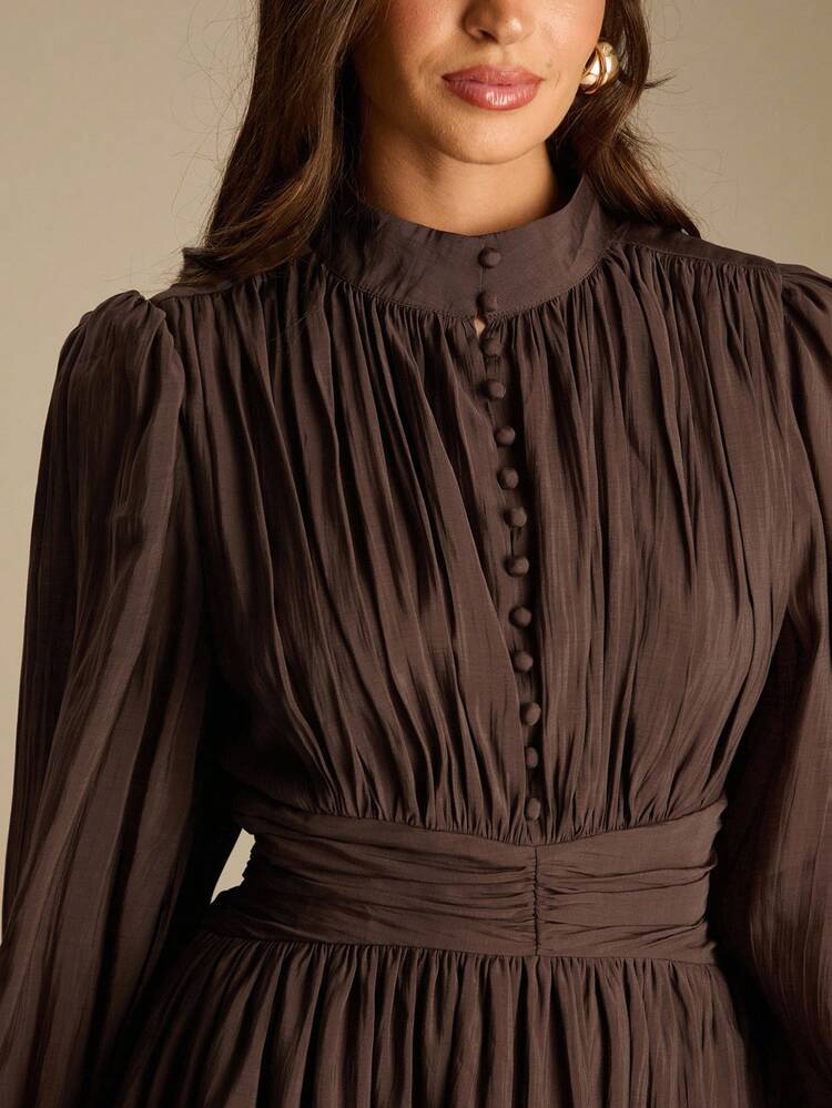 Enchnt Vestido da Moda com Gola Padre, Manga Balão, Franzido e Bainha com Babado em Cor Sólida para Mulheres - Castanho - Visão 2