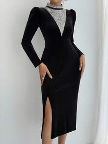 DAZY Long Sleeve Slit Dress, French High-End Luxury Rhinestone Embellished Fitted Gown Prom Dress - Black - View 1