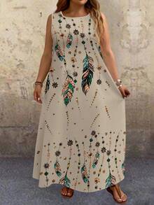 EMERY ROSE Plus Size Country Retro Holiday Casual Sleeveless Feather Imitation Gold Stamping Positioning Flower Print Long Dress Suitable For Spring And Summer Gifts For Mother Vacay Vibes Springbreak Casual Wear SS Bohemia Loose Fit Boho Style Country Concert Outfit,Sun Dresses For Women,Vacation - Khaki - View 3