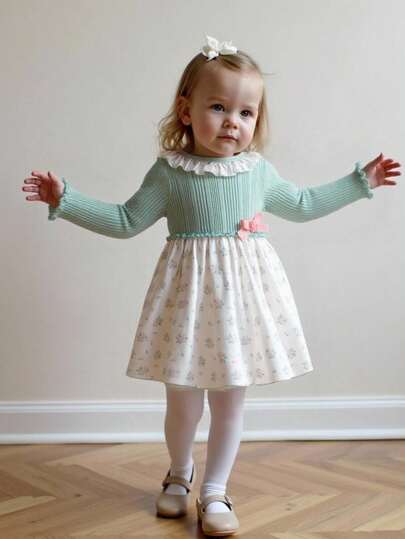 Souflis 休闲甜美花卉拼布浅绿色彼得潘领连衣裙