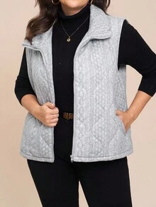 SHEIN LUNE 大码女式拉链前开襟休闲口袋宽松背心外套，秋冬季万圣节圣诞节万圣节服装女式休闲日常穿着，商务休闲教师装 - 灰色 - 查看 5