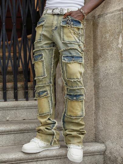Street Life Jeans casuales para hombres con bolsillos y dobladillo deshilachado