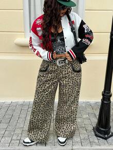 Jeanoix Plus Size Casual Leopard Print Denim Jeans, All Season - Brown - View 4