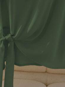 Franclia Elegant Short Sleeve Round Neck Ruffle Tie Bow Combination Khaki Women Blouse, Spring/Summer - Army Green - View 7