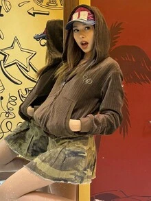 DAZY 女士休闲字母刺绣卫衣，秋季外套连帽衫 - 棕色 - 查看 3