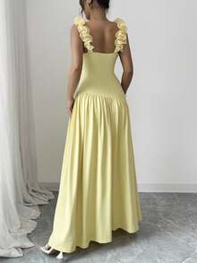 Elenzga Váy họa tiết hoa thanh lịch cổ chữ V thắt eo nhún vai cho nữ, màu vàng kem, thích hợp cho các buổi hẹn hò, lễ hội âm nhạc, tụ họp và nhiều dịp khác, mùa hè - Vàng nhạt - Xem 2