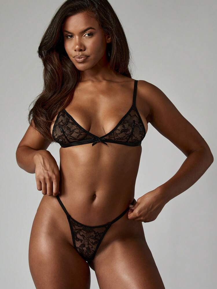 MISSGUIDED Delicate Floral Lace Triangle Bralette With Bow Detail Lingerie Adjustable Straps Sheer Bra Unlined Bralette