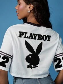 Missguided x Playboy 优质 V 领短款网眼针织运动兔女郎休闲运动上衣，带号码细节，活力夏春 - 白色 - 查看 6