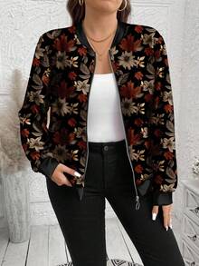 EMERY ROSE 休闲复古枫叶印花加大码女式夹克，适合秋冬季女士花卉夹克女士飞行员夹克秋季飞行员夹克花卉飞行员夹克女士秋季夹克 - 彩色 - 查看 1