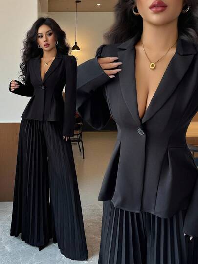 Selianne Women's Elegant Commuter Black Blazer With Lapel And Gold Trim Buttons, Long Sleeve Fitted Design + Women's Elegant Commuter Black Pleated Design Wide Leg Pants, Spring/Autumn Fall Cloth For Women