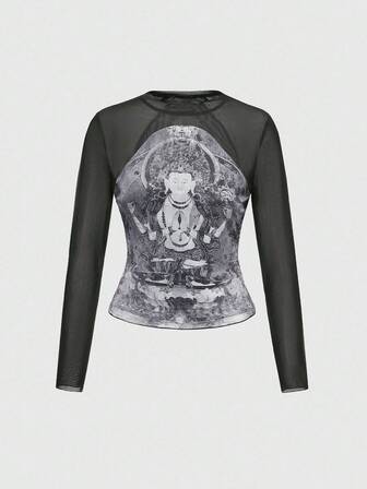 ROMWE Avant Damen Top mit chinesisch-orientalischem ästhetischem Buddha-Muster