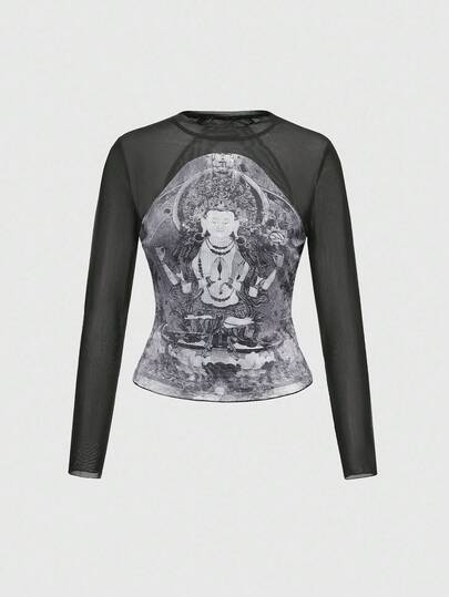 ROMWE Avant Top da donna con stampa orientale di stile cinese e motivo Buddha