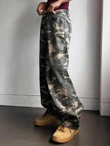 DAZY 女士休闲迷彩宽松长牛仔裤 - 綠色 - 查看 4