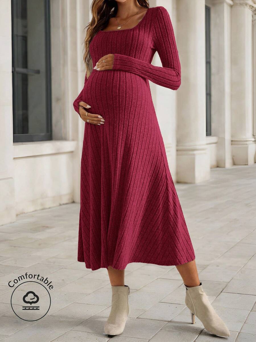 SHEIN 孕妇纯色方领长袖罗纹优雅连衣裙 - 紅色 - 查看 1