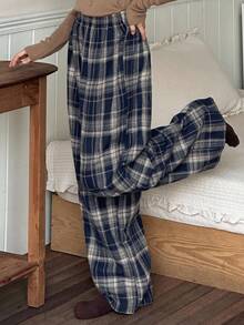 DAZY Teen Girl Loose Comfortable Plaid Straight Leg Pants, Casual Home Wear, Autumn - Navy Blue - View 4