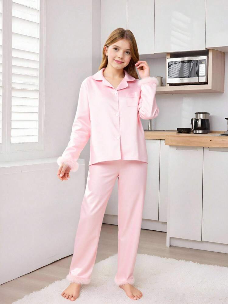 2 件甜美舒适纯色开衫和裤子套装，优雅女孩家居服 - 粉色 - 查看 11