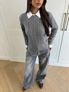 Aloruh Women's Autumn/Winter New Arrival College Style Cable Gray Twist Knit Loose Fit Crew Neck Sweater,Fall - Dark Grey - View 5