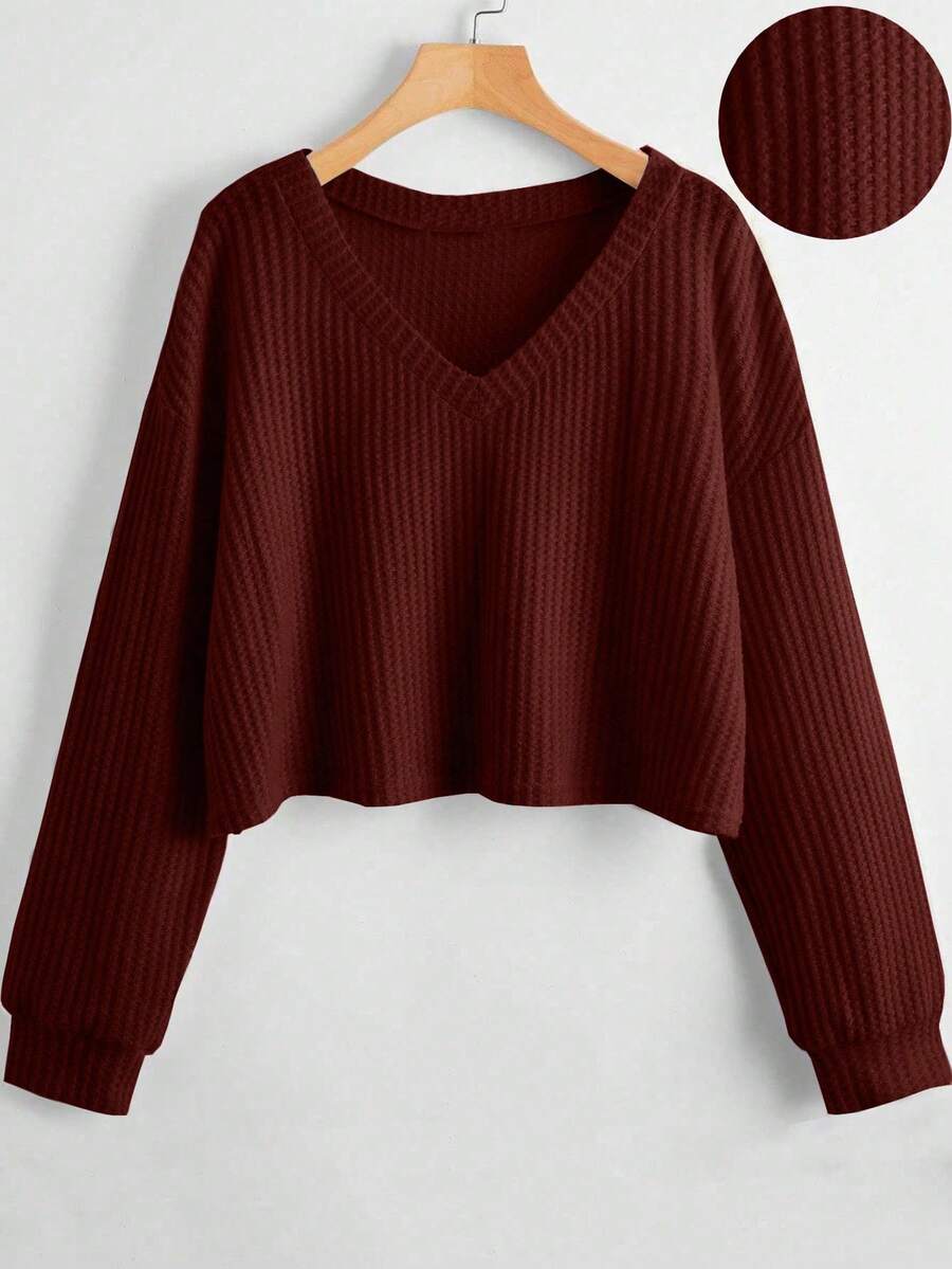 SHEIN Unity Women's Casual V-Neck Drop Shoulder Long Sleeve Loose T-Shirt, Autumn - Redwood - View 1