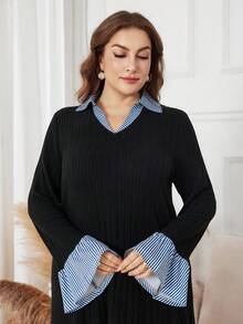 SHEIN Lacomfia Váy len dài thường ngày họa tiết sọc chắp vá cỡ lớn thanh lịch, thiết kế thời trang cho công sở, trường học, mặc hàng ngày, xuân/thu - Nhiều màu - Xem 4