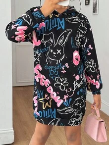 SHEIN 少女休闲宽松舒适字母图案卫衣，中长款，秋冬款 - 黑色 - 查看 6