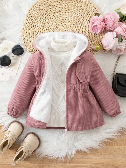 SHEIN Baby Mädchen süße Cord Thermofutter Kapuzenjacke, Pink im Herbst/Winter
