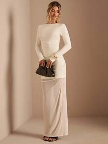 SHEIN BAE Women's Solid Apricot Round Neck Long Sleeve Waist Ruched A-Line Dress, Suitable For Cocktail Parties, Romantic Dates, Autumn/Winter Layering, Gatherings, Formal Events, Night Outings,Wedding Guest Dress For Women, Daily Elegant Outings, Party Dress, Wedding Guest Dress, Christmas Party Dress, Christmas Outfit, Holiday Dress