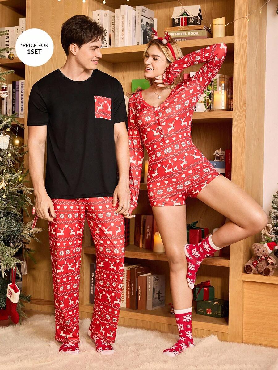 SHEIN Christmas Print Pocket Short Sleeve Pants Pajama Set For Men Christmas Pajamas Couple Christmas Pj Red Pj Set