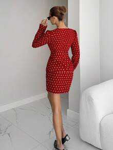 Siren Gaze Women's Vintage Polka Dot Fashionable Sexy Polka Dot Print Deep V-Neck Bodycon Mini Dress Christmas Winter New Year Party Red - Red - View 4