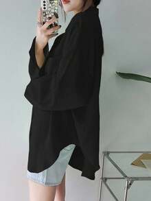 DAZY Women's Solid Color Regular Turn-Down Collar Oversized Shirt,Long Sleeve Tops,Fall Clothes - Black - View 2