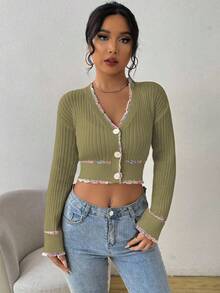 EMERY ROSE Women's Elegant Single-Breasted Drop Shoulder Long Sleeve Cropped Knit Cardigan, Autumn - Olive Green - View 5