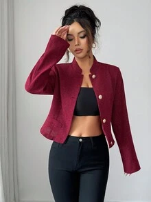 SHEIN Elenzya 优雅女士立领夹克，收腰，单排扣，精致粗花呢设计 - 紅色 - 查看 5