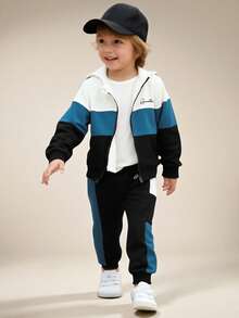 SHEIN Young Boy Letter Graphic Colorblock Hooded Sweatshirt & Sweatpants Without Tee, School, Campus, College Chic Outfits For Autumn/Winter - Multicolor - View 3