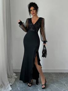 Rafferiza Elegant Sexy V-Neck Waisted High Slit Dress, Sequins Splicing Elastic Knit, Black, Suitable For Party, Daily Dates, Party & Winter Maxi Women Outfit - Black - View 5