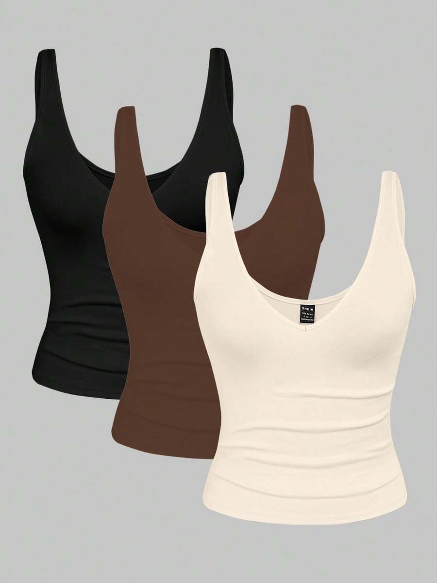 Resyla 2pcs/Set Fitted Short Leopard Print & Solid Color V-Neck Camisole For Women, Summer - Multicolor - View 1