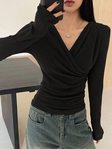 DAZY 女士休闲纯色保暖保暖内衬交叉 T 恤，秋季长袖女式上衣，保暖内衬 - 黑色 - 查看 3