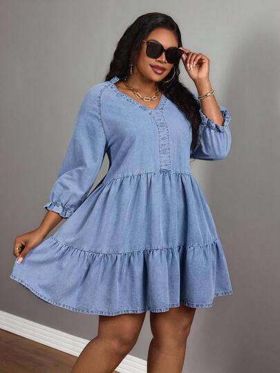 Slaydiva 大码牛仔荷叶边泡泡袖蛋糕连衣裙