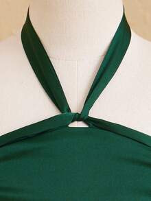 Vestido de satén con cuello halter y bajo asimétrico, cintura ceñida para niñas, vestido elegante de niña de las flores para bodas, fiestas, Navidad, Halloween, graduación - Verde - Ver 4