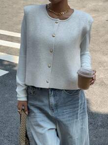 SHEIN PETITE CURVE Plus Size Women Casual Round Neck Single-Breasted Knitted Vest, Autumn/Winter - Apricot - View 3