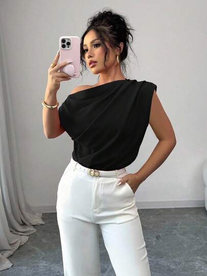 Elenzga Women Elegant Commuter Solid Color Ruffle Shoulder Blouse