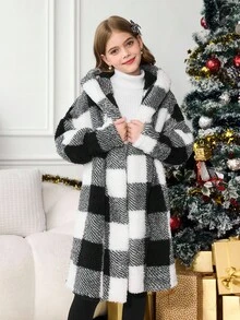 SHEIN Serisse Kids 青少年女孩双面黑白格子印花长袖连帽休闲中长外套，适合秋冬休闲日常穿着，返校 - 黑與白 - 查看 3