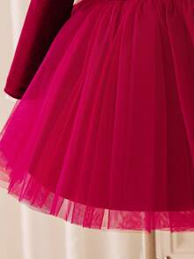 Glamorique Kids 女童红色长袖连衣裙，薄纱荷叶边裙摆，珍珠手工刺绣婚礼宾客礼服，宝宝生日派对礼服，女婴高端连衣裙 - 酒紅色 - 查看 6