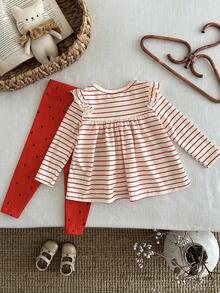 LMoss Kids 2pcs Baby Girl Knitted Ruffle Collar Casual T-Shirt And Leggings Set Fall Winter - Multicolor - View 2