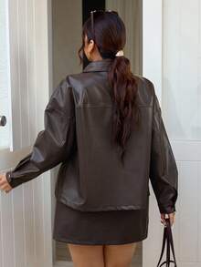 Lounesse Plus Size 2 Pieces Commuter Casual Set Women PU Jacket Top And Skirt, Fashion Brown 2 Pieces Set Brown Leather Set Women Brown Leather Top Chocolate Brown Top Office Work - Rust Brown - View 2