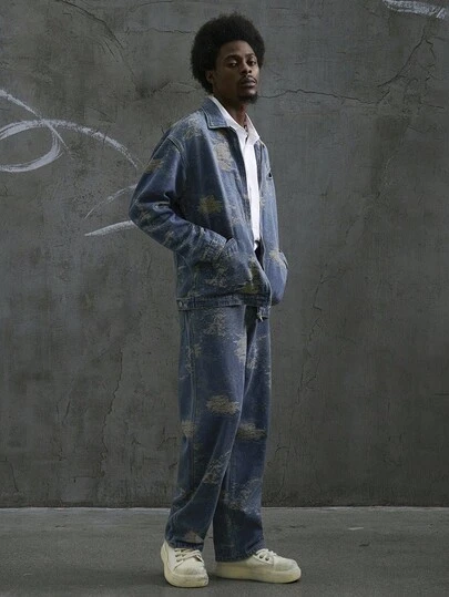 Manfinity ZONE917 Men's Autumn Long Sleeve Zip Front Jacket And Pants Casual Denim Loose Suit Men 2 Piece Set Patched Jeans For Men Tie Dye Mens Ghetto Outfits With Jeans