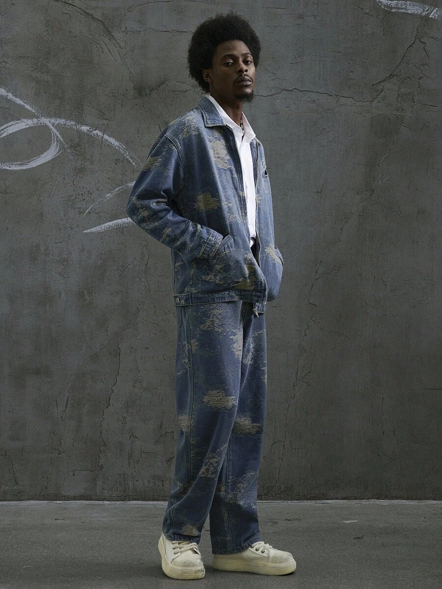 Manfinity ZONE917 Men's Autumn Long Sleeve Zip Front Jacket And Pants Casual Denim Loose Suit Men 2 Piece Set Patched Jeans For Men Tie Dye Mens Ghetto Outfits With Jeans