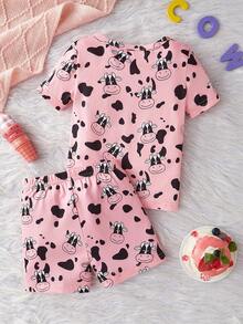 Young Girls 2pcs Tight Fit Pajama Set With Cute Cow Print On Short Sleeve Top And Shorts