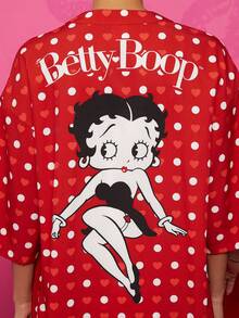 Betty Boop x SHEIN 夏季波尔卡圆点爱心图案七分袖红色睡袍，休闲、性感、可爱风格，适合秋季